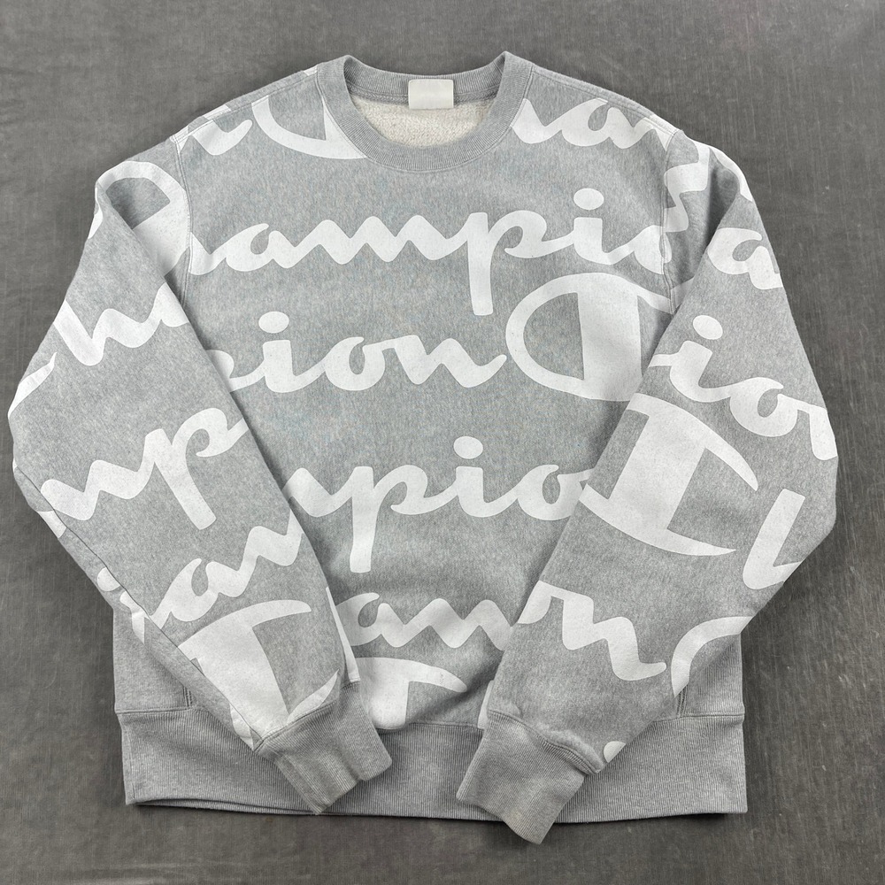 Champion Mens Large Grey Reverse Weave Sweatshirt All Over Script Logo Print